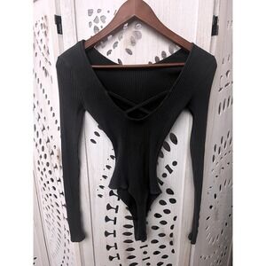 Aerie Bodysuit Womens XS Gray Ribbed Long Sleeve Criss Cross